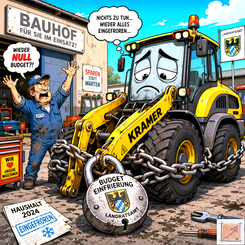 Eine sarkastische politische Karikatur veranschaulicht einen stillgelegten gelben Kramer Radlader mit einer massiven Kette der Kommunalaufsicht als Sinnbild für die Blockade regionaler Wirtschaftskreisläufe durch das staatliche Kreditverbot.
