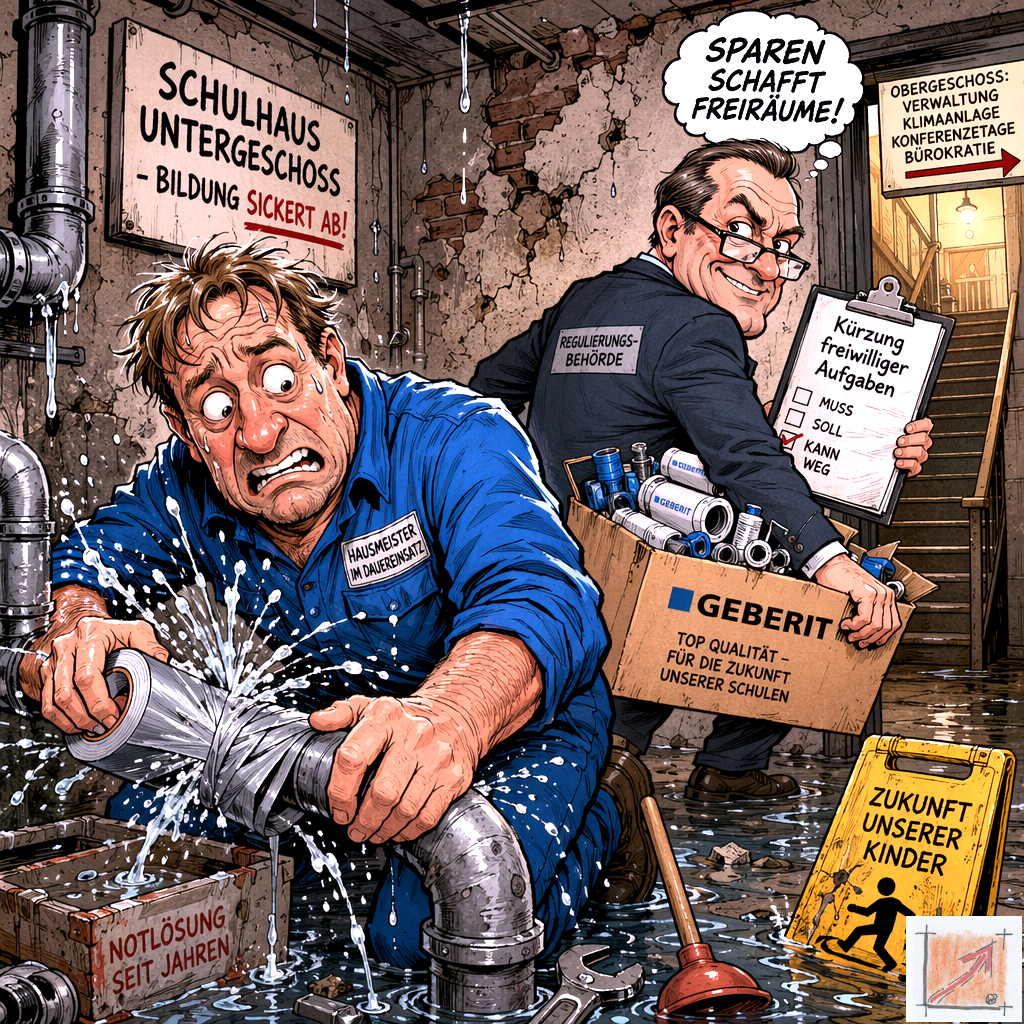 Eine politische Karikatur zeigt den Sparkommissar wie er einem Handwerker bei der Sanierung einer Schule die Ersatzteile streicht um den kaufmännischen Offenbarungseid des Rathauses auf dem Rücken der Infrastruktur auszusitzen.