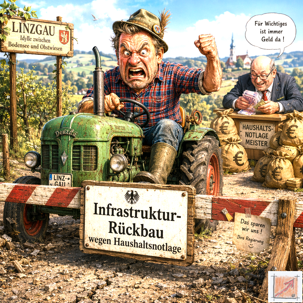 Eine sarkastische Karikatur zeigt einen Linzgau Bauern auf seinem Traktor vor einer blockierten Feldstraße als Symbol für den drastischen Rückbau der ländlichen Infrastruktur nach dem Verbrennen der städtischen Ergebnisrücklagen.