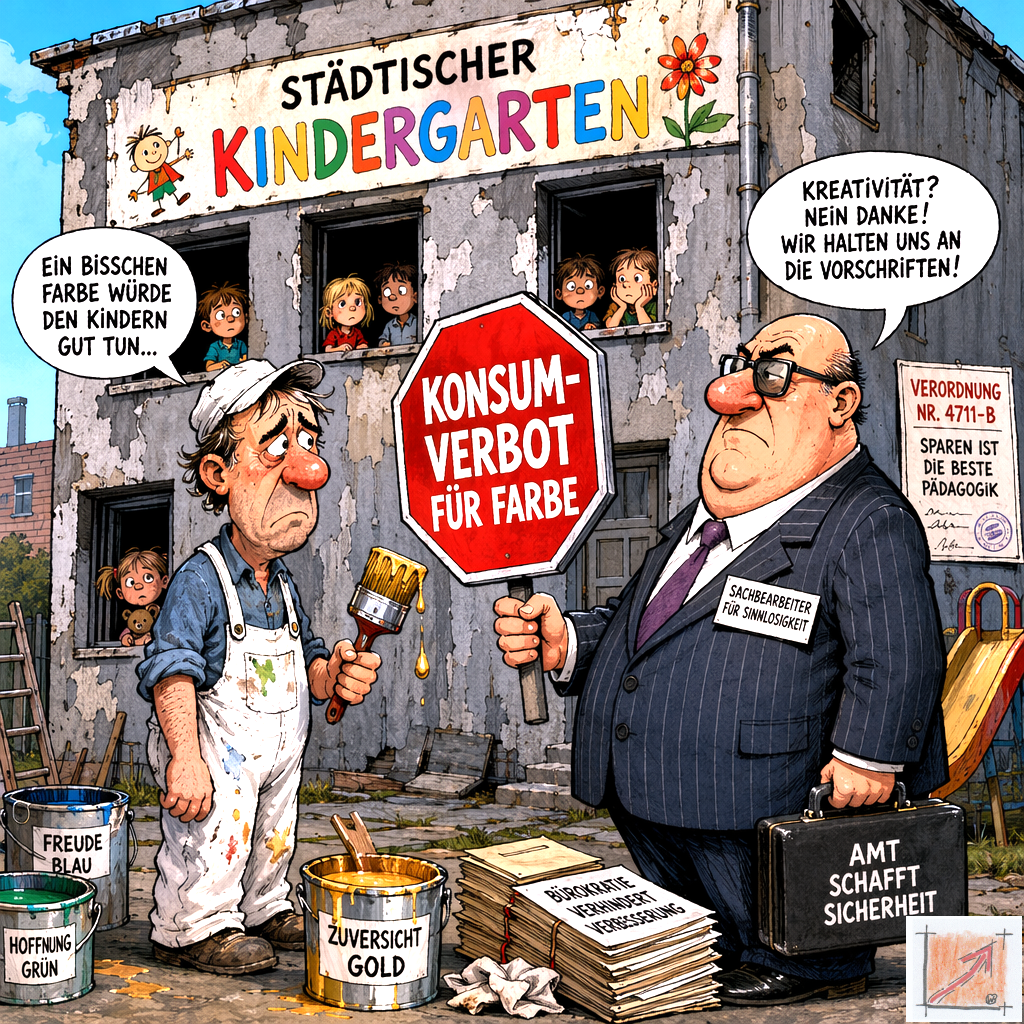 Eine politische Karikatur zeigt einen Malerbetrieb vor einer maroden Fassade dem die Arbeit durch ein bürokratisches Stoppschild untersagt wird da jegliche Gebäudeerhaltung unter der Zwangsverwaltung als unzulässiger Luxus gilt.
