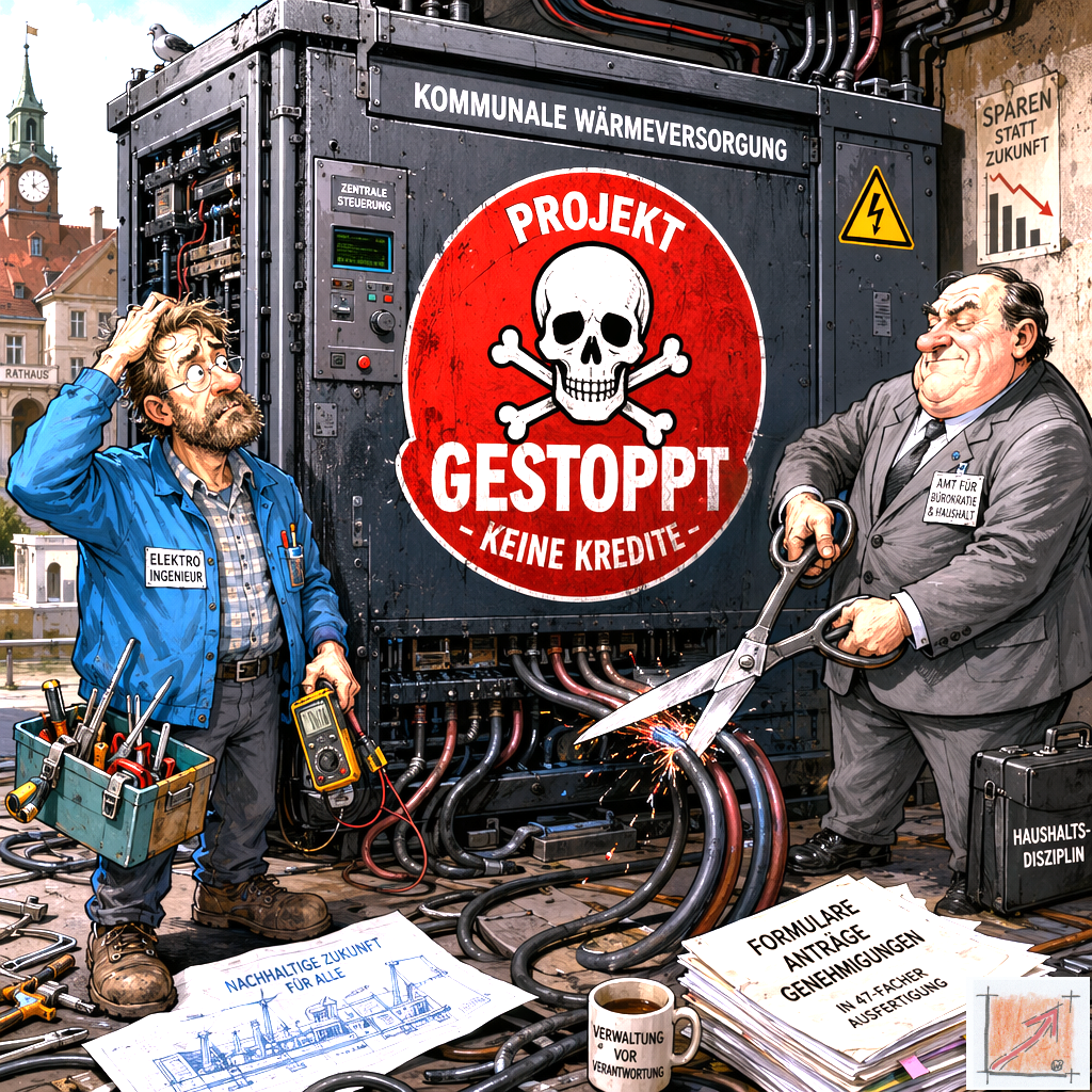 Eine pointierte Karikatur zeigt das gewaltsame Kappen von Energiekabeln an einem städtischen Verteilerkasten durch das Landratsamt als Sinnbild für den endgültigen Genickbruch der kommunalen Wärmeplanung.