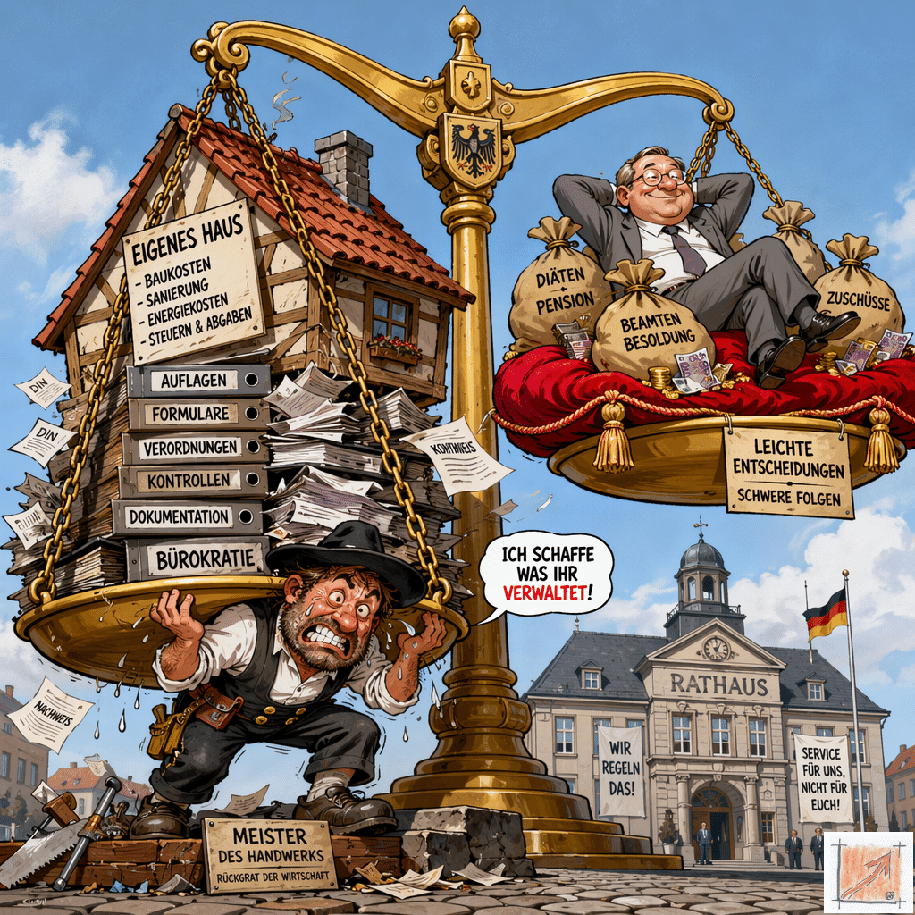 Satirische Karikatur zur ungleichen Waage mit einem überlasteten Handwerksmeister im Schlamm und einem gut versorgten Beamten auf Kissen vor dem Pfullendorfer Rathaus-Hintergrund im Linzgau.