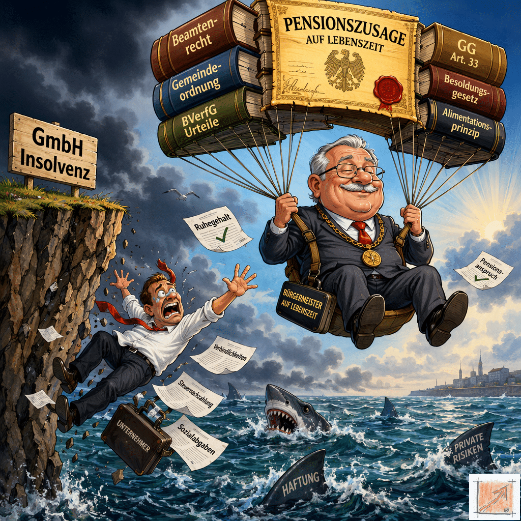 Karikatur zum Systemvergleich: Ein Bürgermeister schwebt sicher am Fallschirm aus Pensionszusagen und Beamtenrecht, während ein GmbH-Unternehmer bei Insolvenz von der Klippe in ein Meer voller Haftungs-Haie stürzt.