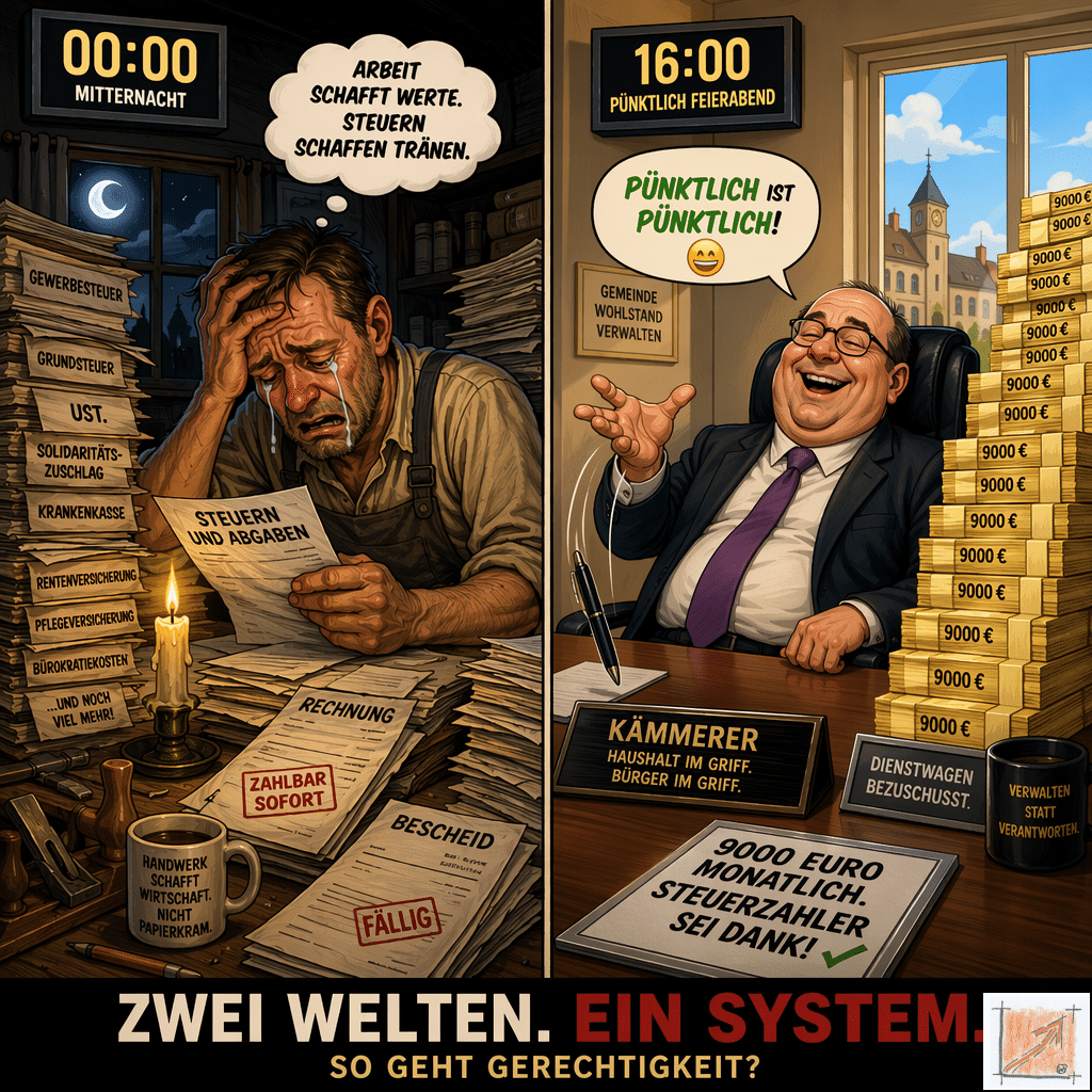 Satirische Karikatur zum unfairen Systemvergleich mit weinendem Handwerker bei Mitternacht vor Akten und lachendem Kämmerer bei pünktlichem Feierabend vor einem gestapelten Geldturm im Pfullendorfer Rathaus.
