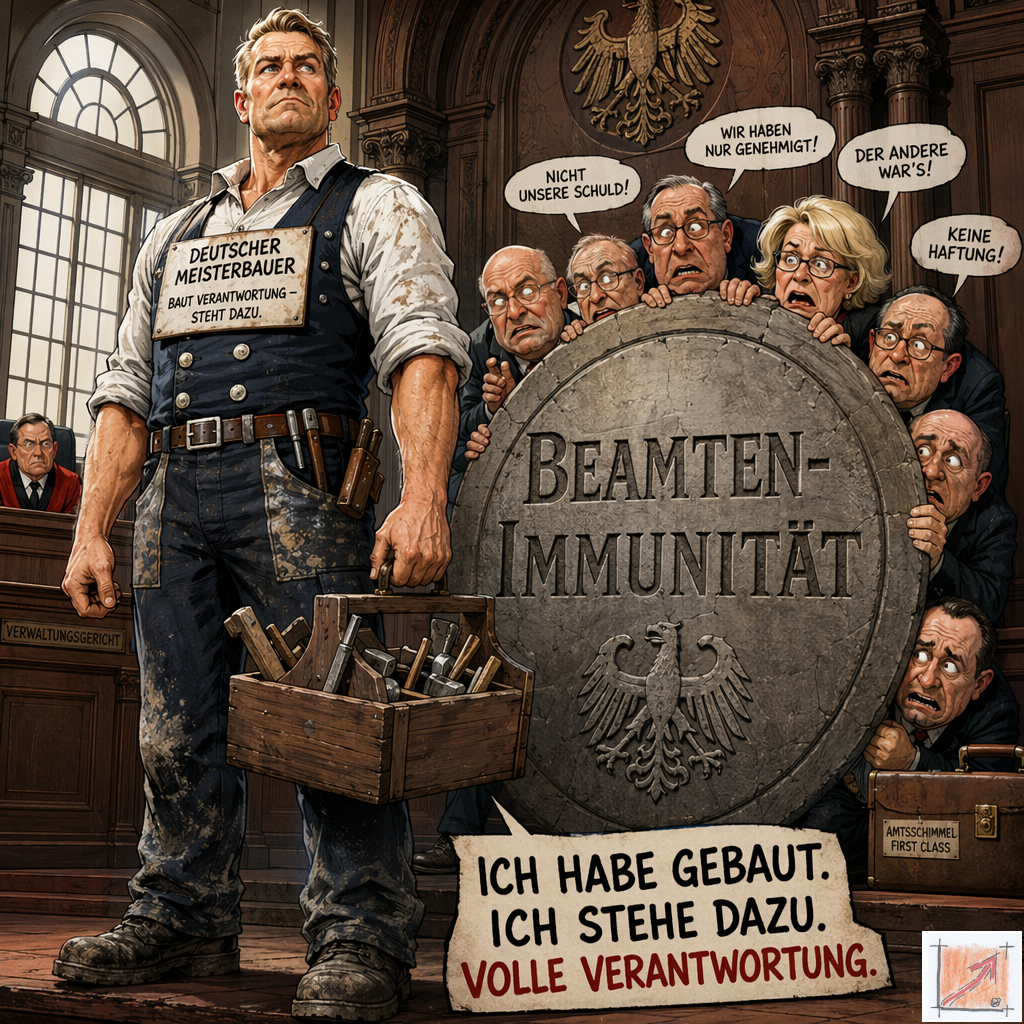 Satirische Karikatur zur Haftungs-Asymmetrie mit stolzem Handwerksmeister und Werkzeugkiste und verängstigten Beamten hinter Schutzschildmit der Aufschrift Beamten-Immunität vor Gericht.
