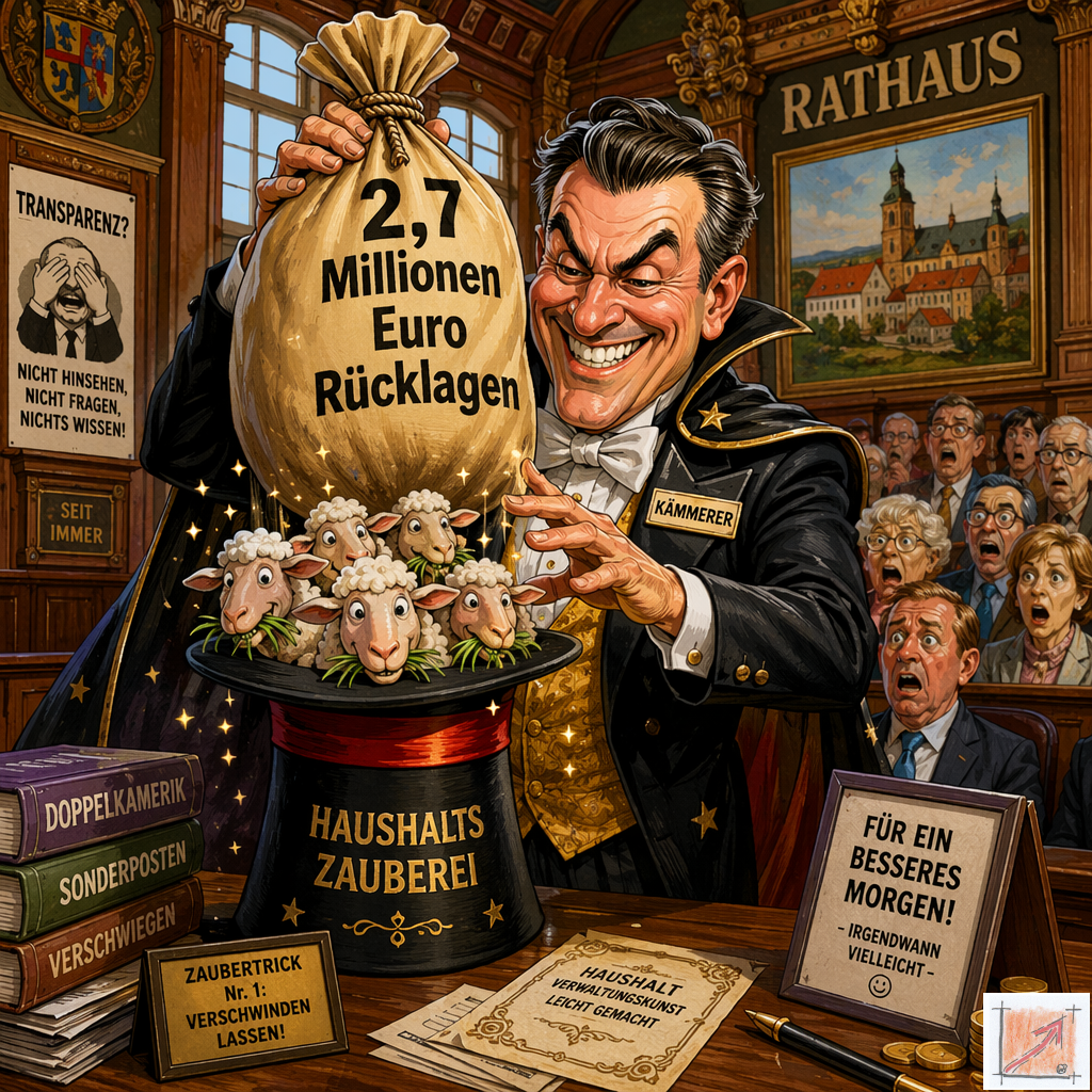 Satirische Karikatur zur Haushalts-Zauberei mit grinsendem Kämmerer als Magier im Frack der Millionen-Rücklagen aus einem Zylinder zaubert während Schafe und erschrockene Bürger zusehen.