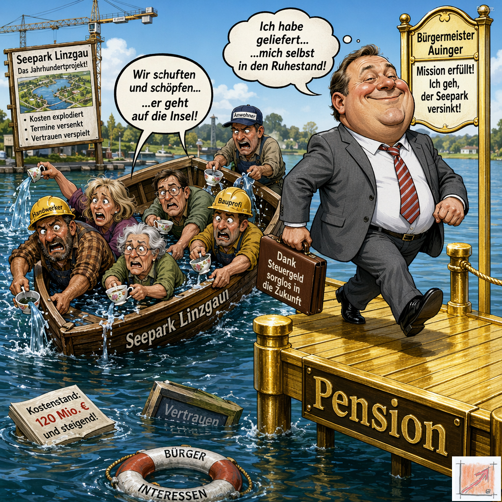 Satirische Karikatur zum Projekt Seepark Linzgau mit grinsendem Bürgermeister auf dem Pensions-Steg während Handwerker und Bürger im sinkenden Bootverzweifelt gegen die drohenden Wassermassen ankämpfen.