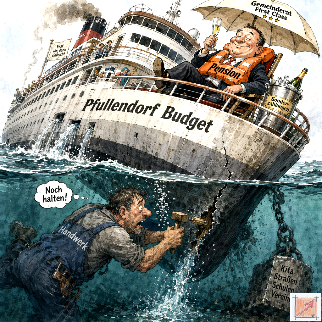Satirische Karikatur zum sinkenden Haushalts-Dampfer mit feierndem Beamten im Liegestuhl auf dem Luxusdeck während ein Handwerker unter Wasser verzweifelt versucht ein massives Leck im Schiffsrumpf mit dem Hammer zu dichten.