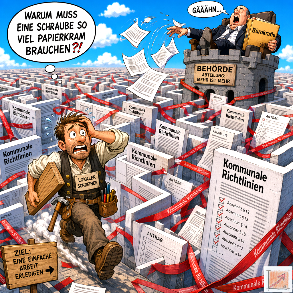 Satirische Karikatur zum bürokratischen Labyrinth mit verzweifeltem lokalen Schreiner im Formular-Dschungel und gähnendem Beamten auf einem hohen Behörden-Turm der weitere Anträge und kommunale Richtlinien herabwirft.