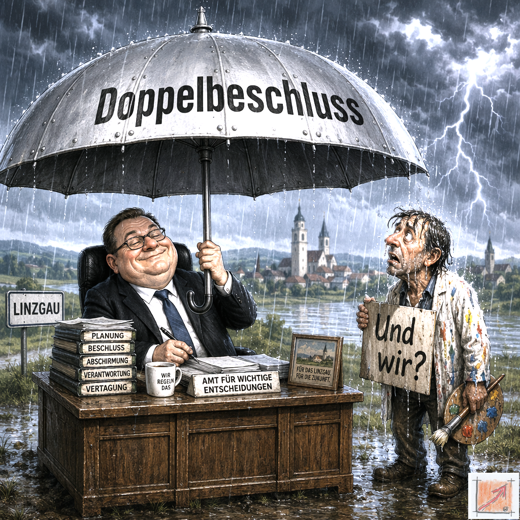 Satirische Karikatur zum schützenden Doppelbeschluss mit lächelndem Beamten unter einem riesigen Regenschirm während ein völlig durchnässter Maler im Gewitter steht und fragend ein Pappschild mit der Aufschrift Und wir hält.
