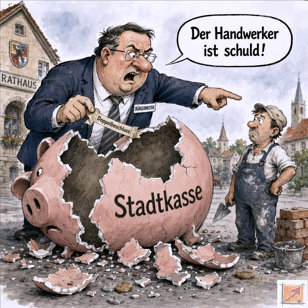 Satirische Karikatur zur leeren Pfullendorfer Stadtkasse mit wütendem Bürgermeister vor einem zerbrochenen Sparschwein der mit dem Finger beschuldigend auf einen Maurer zeigt und ein Klebeband mit der Aufschrift Doppelbeschluss hält.