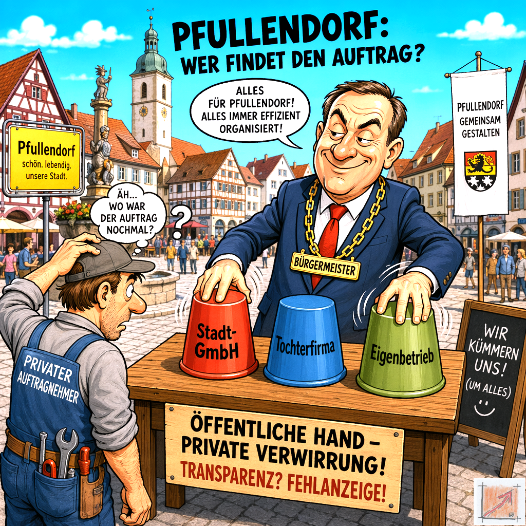 Eine politische Karikatur zeigt den Bürgermeister von Pfullendorf beim Hütchenspiel mit einer Stadt GmbH einer Tochterfirma und einem Eigenbetrieb während ein privater Handwerker vergeblich nach der transparenten Vergabe öffentlicher Aufträge sucht.