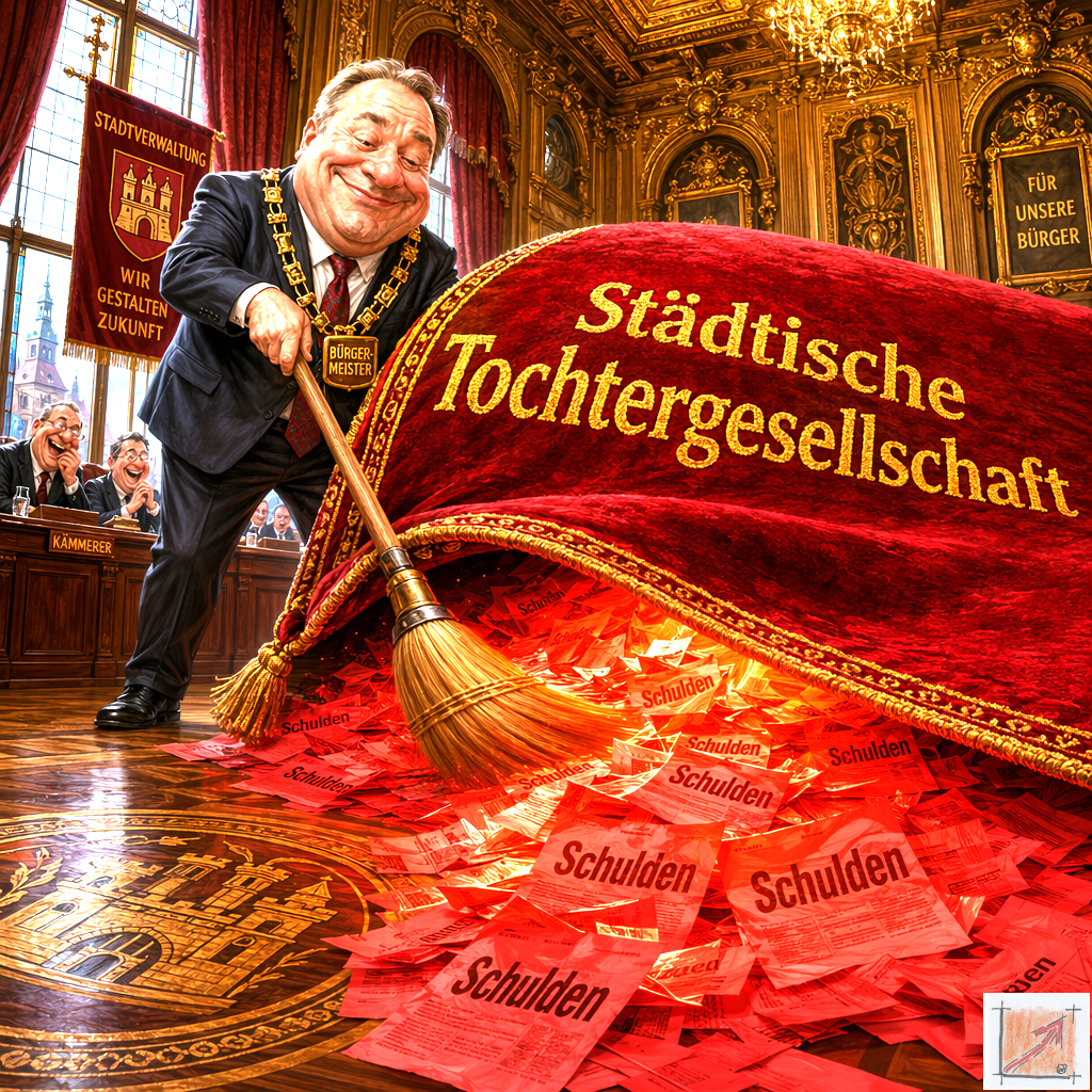 Eine sarkastische politische Karikatur zeigt den Bürgermeister von Pfullendorf im barocken Rathaussaal wie er mit einem Besen einen riesigen Berg von Schuldenzetteln unter einen prunkvollen roten Teppich mit der Aufschrift Städtische Tochtergesellschaft kehrt.