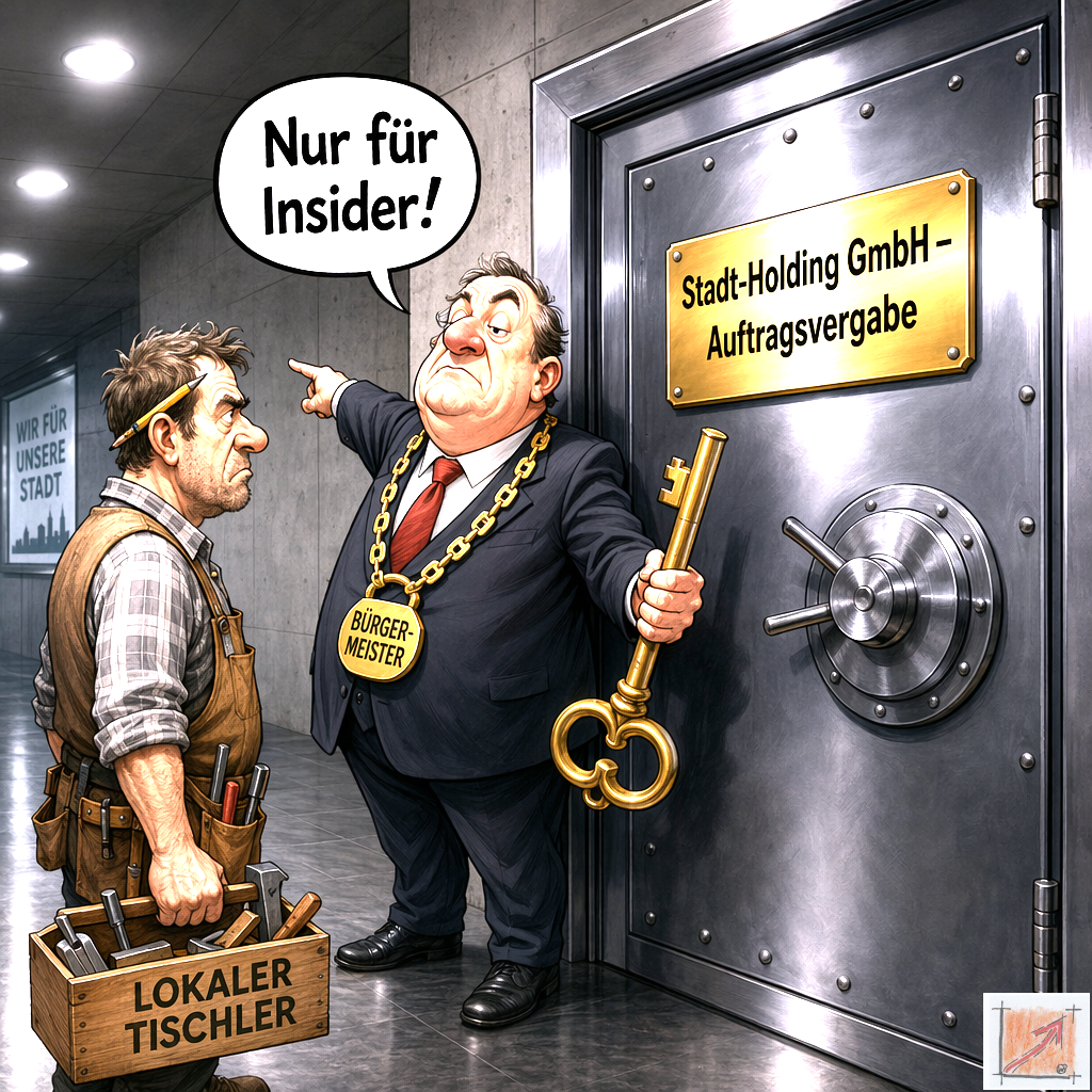 Eine politische Karikatur zeigt den Bürgermeister von Pfullendorf mit einer Amtskette vor einer schweren Stahltresortür mit der Aufschrift Stadt Holding GmbH Auftragsvergabe wie er mit einem großen goldenen Schlüssel in der Hand einen lokalen Tischler mit der Sprechblase Nur für Insider abweist.