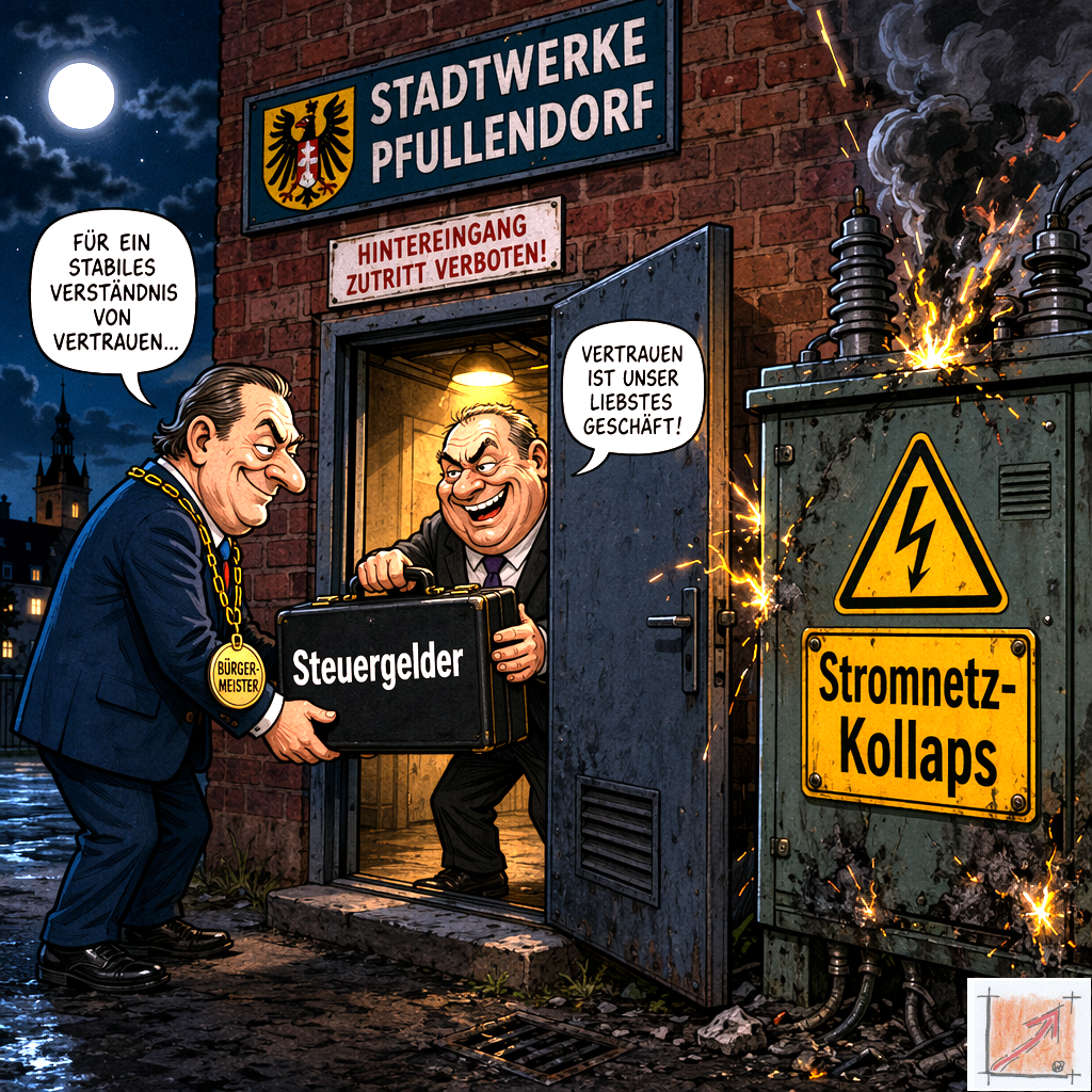 Eine sarkastische politische Karikatur zeigt den Bürgermeister von Pfullendorf bei Nacht am Hintereingang der Stadtwerke wie er einen Koffer voller Steuergelder an einen Insider übergibt während direkt daneben ein Transformator mit der Aufschrift Stromnetz Kollaps in Flammen aufgeht.