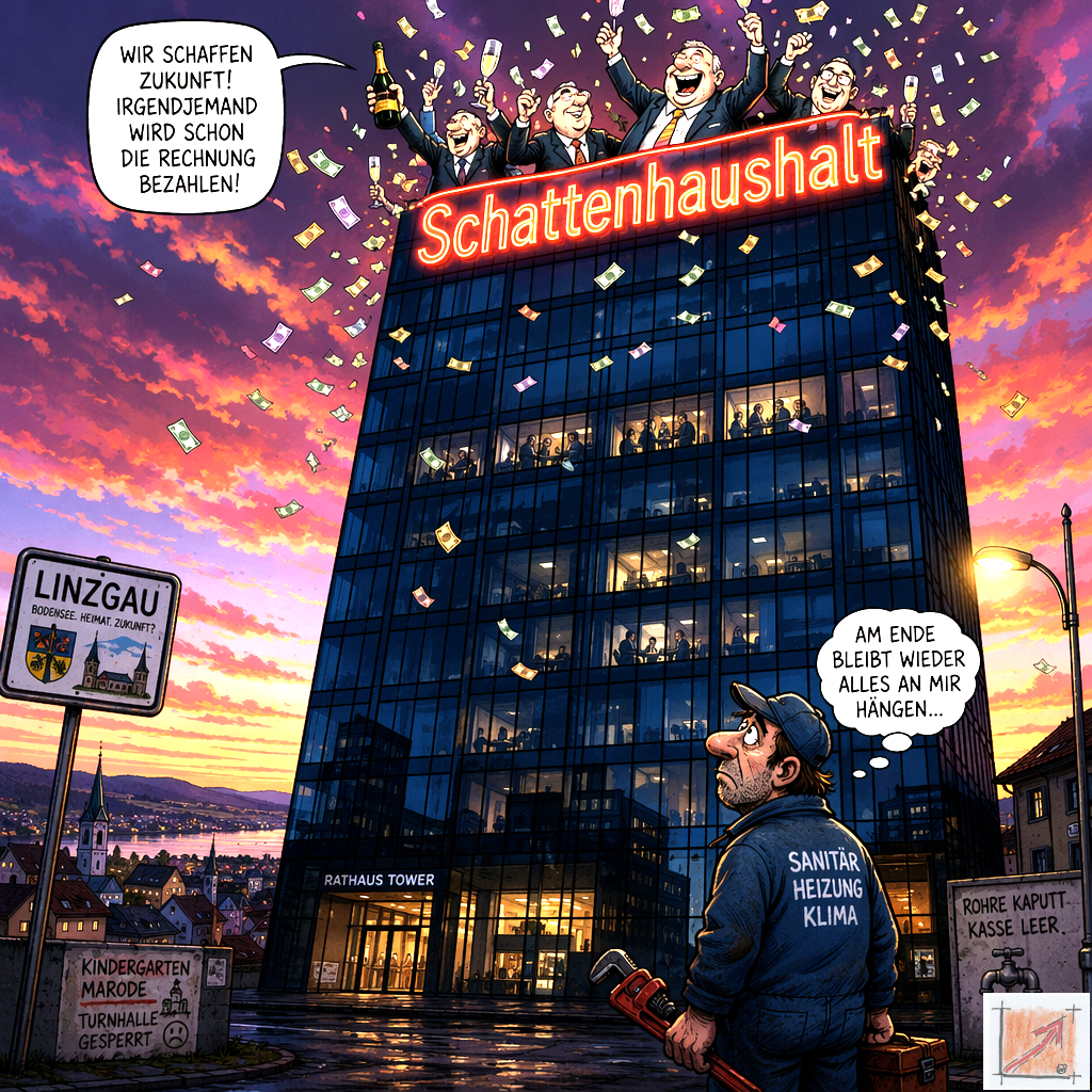 Eine politische Karikatur zeigt den beleuchteten Rathaus Tower im Linzgau mit einem roten Neonschild Schattenhaushalt auf dessen Dach Politiker Champagner trinken und Geld verprassen während unten ein Handwerker aus dem Bereich Sanitär Heizung Klima besorgt auf gesperrte marode Kindergärten und Turnhallen blickt.