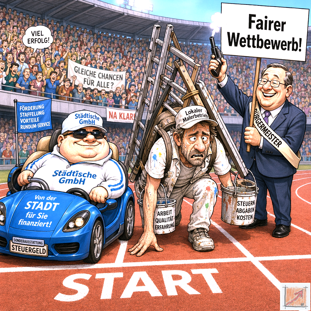 Eine politische Karikatur zeigt den unfairen Start an einer Laufbahn in einem vollen Stadion bei dem der Bürgermeister mit einer Startpistole und einem Schild mit der Aufschrift Fairer Wettbewerb steht während die Städtische GmbH in einem von der Stadt durch Steuergeld finanzierten blauen Sportwagen sitzt und ein lokaler Malerbetrieb schwer beladen mit Leitern Eimern Steuern Abgaben und Kosten erschöpft in den Startlöchern kniet.