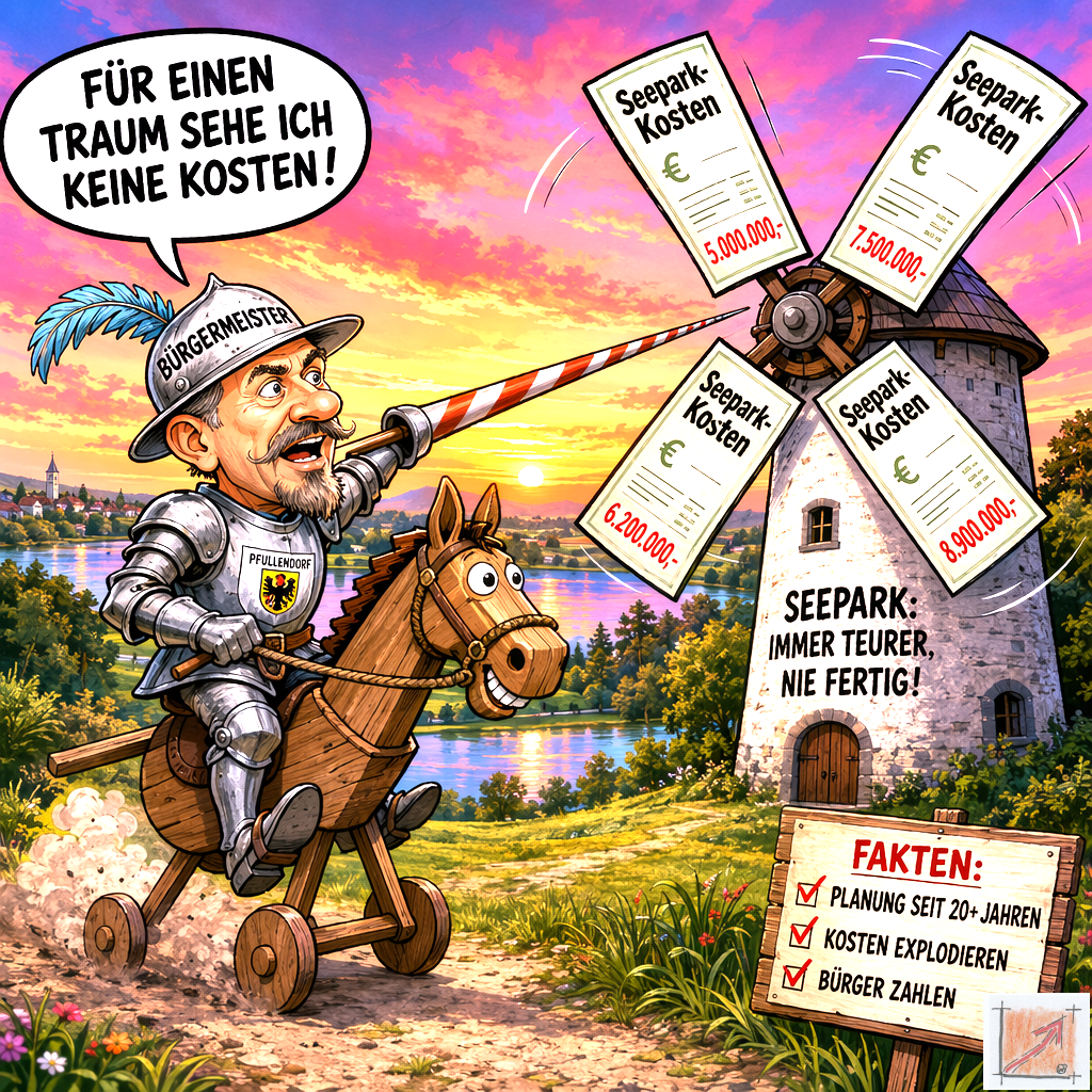 Eine satirische politische Karikatur zeigt den Pfullendorfer Bürgermeister in Ritterrüstung auf einem hölzernen Trojanischen Pferd wie er im Don-Quijote-Stil eine Windmühle angreift deren Flügel mit explodierenden Seepark-Kostenrechnungen von über 5 bis 8 Millionen Euro bespannt sind während im Vordergrund eine Holztafel die Fakten der jahrzehntelangen Fehlplanung auflistet.