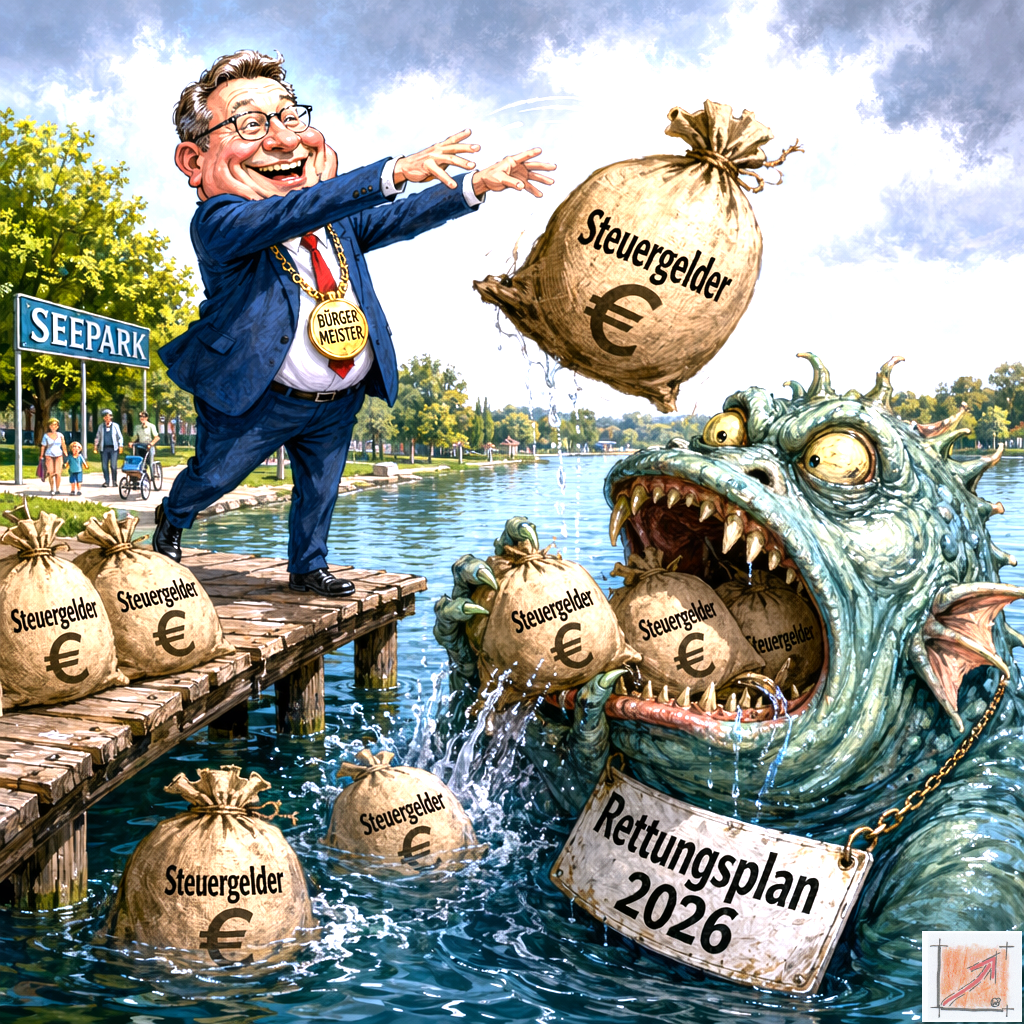 Eine sarkastische politische Karikatur zeigt den Bürgermeister von Pfullendorf auf einem Holzsteg am Seepark wie er mit einem breiten Lächeln riesige Säcke voll Steuergelder direkt in das geöffnete Maul eines gigantischen grünen Seemonsters wirft das ein Schild mit der Aufschrift Rettungsplan 2026 um den Hals trägt.