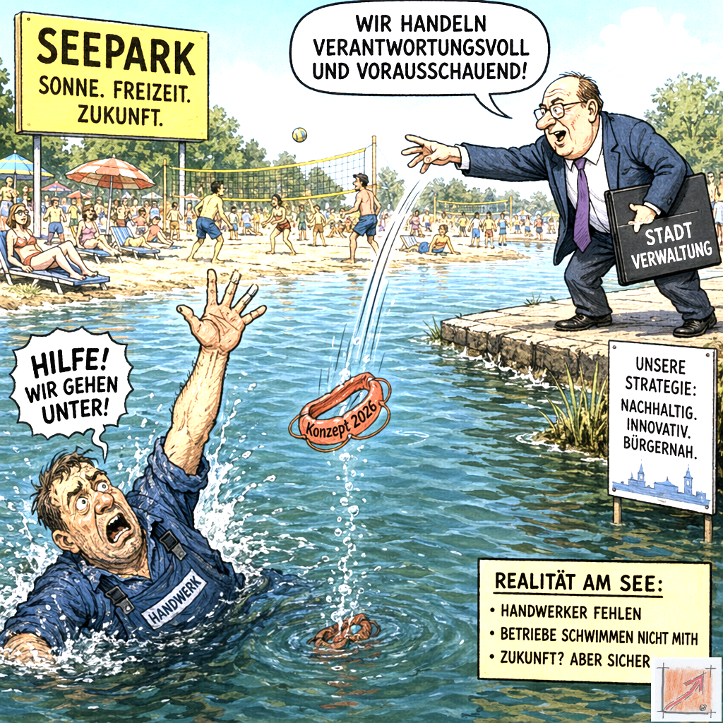 Eine pointierte politische Karikatur zeigt einen verzweifelten Handwerker im Wasser des Pfullendorfer Seeparks der mit der Sprechblase Hilfe wir gehen unter versinkt während der Bürgermeister trocken am Ufer steht einen winzigen Rettungsring mit der Aufschrift Konzept 2026 wirft und behauptet verantwortungsvoll zu handeln.