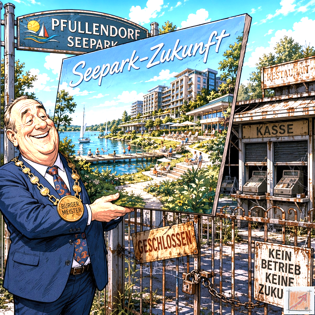 Eine sarkastische politische Karikatur zeigt den lächelnden Pfullendorfer Bürgermeister mit goldener Amtskette wie er ein glänzendes Werbeplakat mit der Aufschrift Seepark-Zukunft präsentiert um den Blick auf das verfallene geschlossene Kassenhäuschen und den rostigen Absperrzaun des echten Seeparks im Hintergrund zu verdecken.