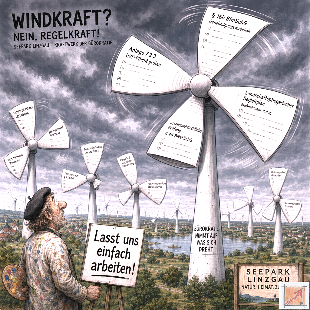 Eine tiefgründige politische Karikatur zeigt eine ländliche Landschaft im Linzgau voller Windräder deren Flügel komplett aus bürokratischen Paragrafen Aktenordnern und Verordnungen wie dem Bundesimmissionsschutzgesetz bestehen während im Vordergrund ein erschöpfter Handwerker mit einem Schild mit der Aufschrift Lasst uns einfach arbeiten fassungslos nach oben blickt.