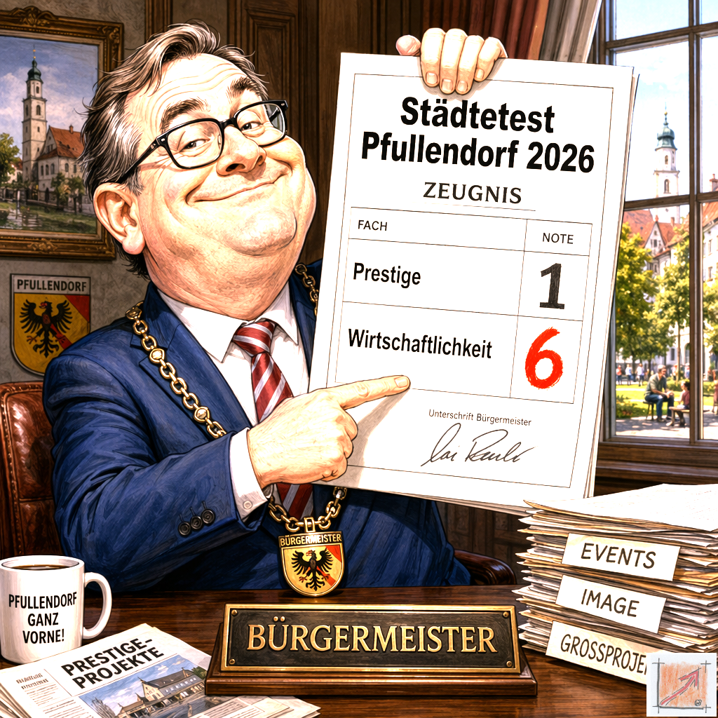 Eine sarkastische politische Karikatur zeigt den lächelnden Bürgermeister von Pfullendorf an seinem Schreibtisch wie er stolz ein Zeugnis mit dem Titel Städtetest Pfullendorf 2026 in die Kamera hält das für das Fach Prestige eine Eins und für Wirtschaftlichkeit eine rote Sechs ausweist.