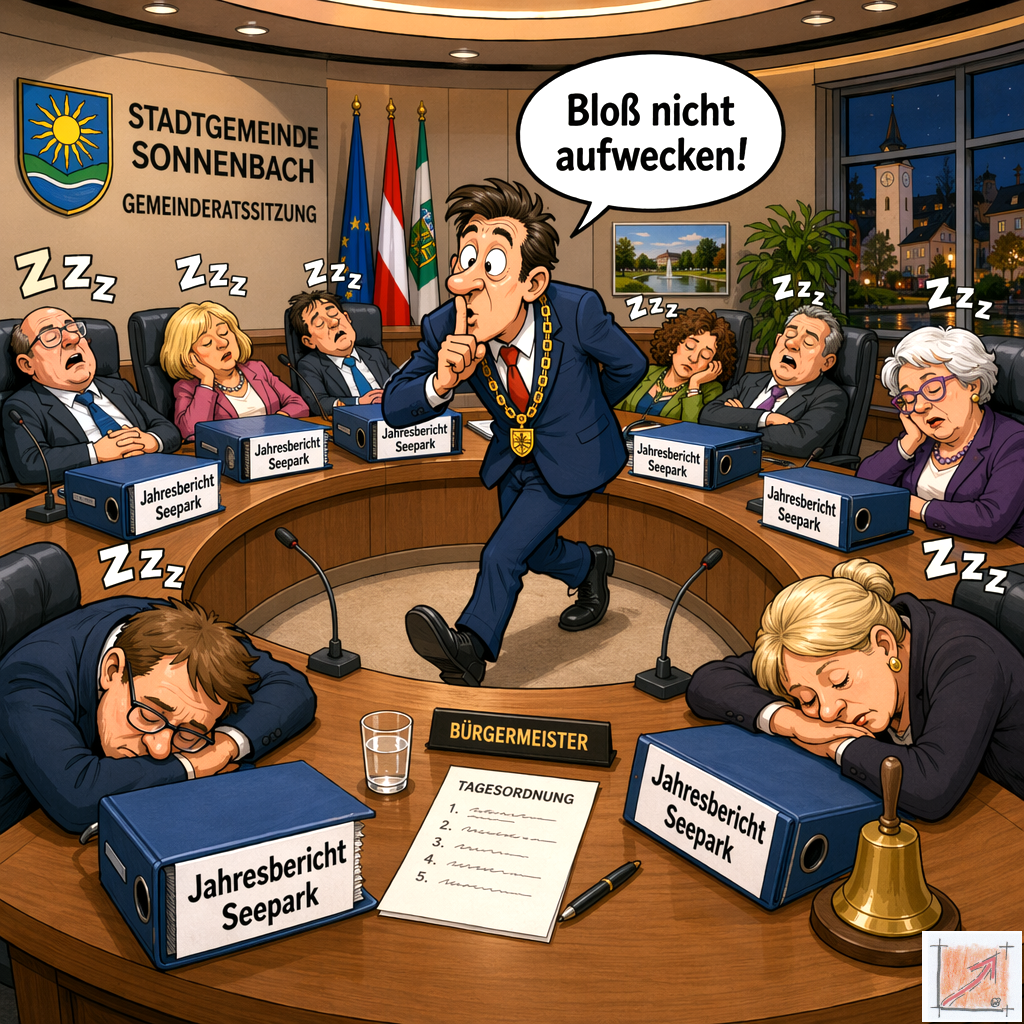 Eine treffsichere politische Karikatur zeigt die schlafende Laienpolitik im Gemeinderat bei einer Sitzung während der Bürgermeister mit einer Amtskette auf Zehenspitzen durch den Saal schleicht den Finger auf die Lippen legt und über eine Sprechblase Bloß nicht aufwecken ruft während vor den tief schlafenden Räten dicke Aktenordner mit dem Titel Jahresbericht Seepark liegen.