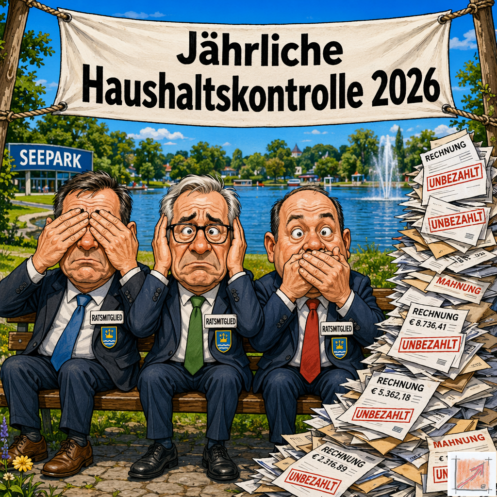 Eine treffsichere politische Karikatur zeigt drei Ratsmitglieder auf einer Parkbank am Seepark unter einem großen Banner mit der Aufschrift Jährliche Haushaltskontrolle 2026 die nach dem Vorbild der drei Affen die Augen die Ohren und den Mund zuhalten während sich rechts neben ihnen ein riesiger unkontrollierter Stapel mit unbezahlten Rechnungen und Mahnungen auftürmt.