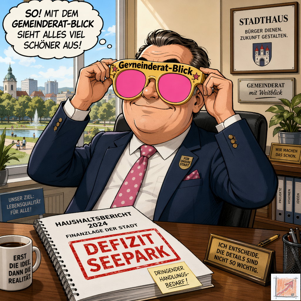 Eine treffsichere politische Karikatur zeigt den Bürgermeister von Pfullendorf an seinem Schreibtisch im Stadthaus wie er sich eine rosarote Brille mit der Aufschrift Gemeinderat Blick aufsetzt und über eine Sprechblase behauptet dass damit alles schöner aussieht während vor ihm ein Haushaltsbericht mit einem dicken roten Stempel Defizit Seepark und der Warnung Dringender Handlungsbedarf liegt.