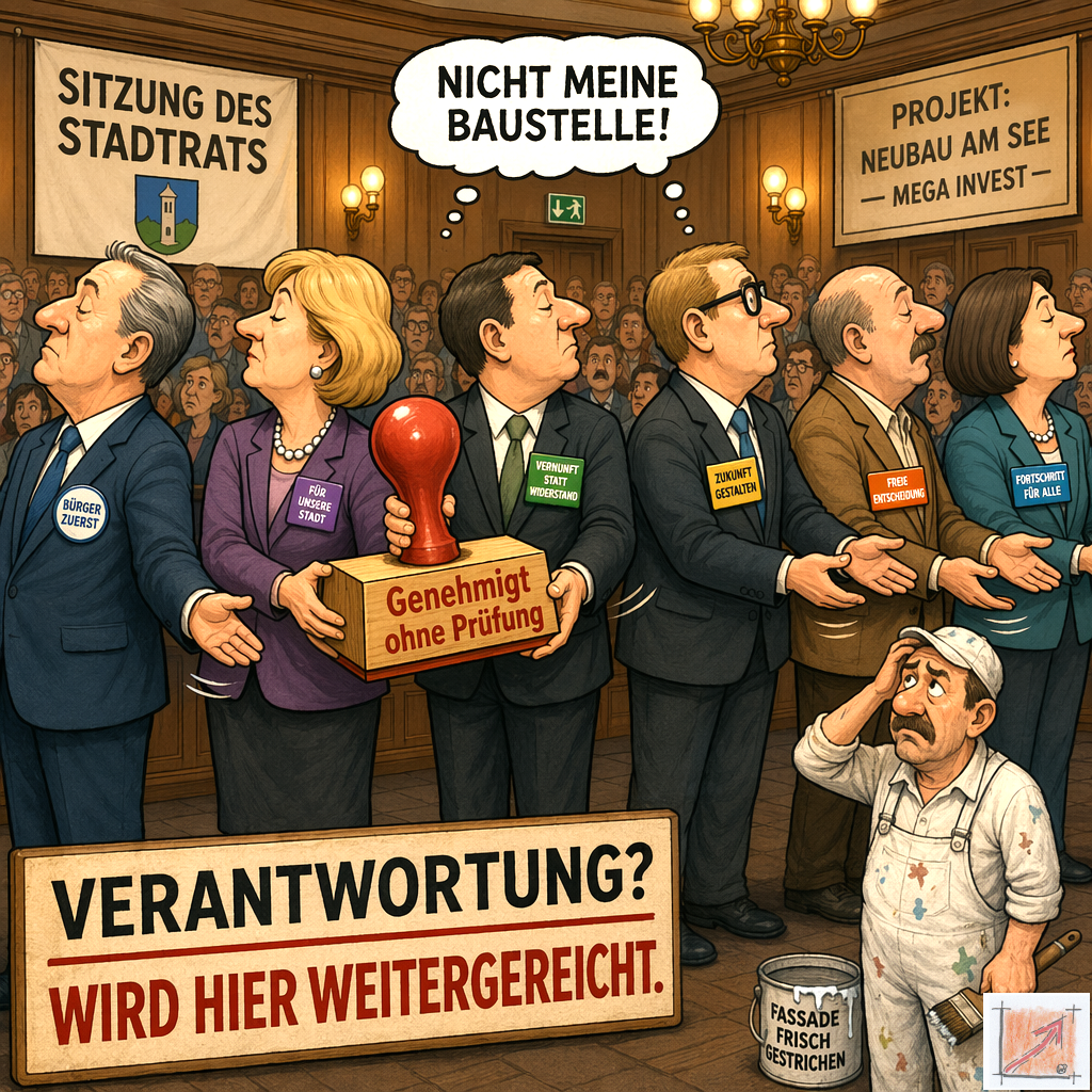 Eine pointierte politische Karikatur zeigt eine lückenlose Reihe von Stadträten bei einer Sitzung des Stadtrats die eine Kiste mit einem großen roten Stempel Genehmigt ohne Prüfung im Kreis weiterreichen während eine Gedankenblase Nicht meine Baustelle anzeigt und im Vordergrund ein fassungsloser Handwerker mit einem Farbeimer steht vor einer Holztafel mit der Aufschrift Verantwortung wird hier weitergereicht.