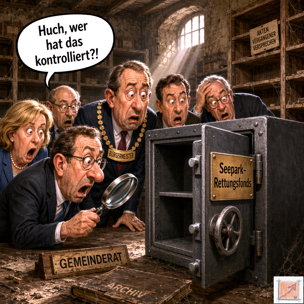 Eine pointierte politische Karikatur zeigt den Bürgermeister mit Amtskette und entsetzten Gesichtsausdrücken im Stadtrat wie sie in einem staubigen Archiv mit einer Lupe in einen völlig leeren Stahltresor mit der Aufschrift Seepark Rettungsfonds blicken während eine Sprechblase Huch wer hat das kontrolliert ausruft.