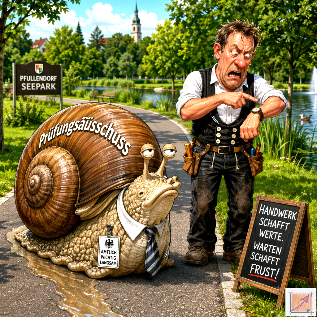 Eine treffsichere politische Karikatur am Pfullendorfer Seepark zeigt eine träge Schnecke mit Krawatte und einem Schild Amtlich wichtig langsam auf deren Gehäuse der Begriff Prüfungsausschuss steht während daneben ein wütender Handwerker ungeduldig auf seine Armbanduhr zeigt vor einer Holztafel mit der Aufschrift Handwerk schafft Werte Warten schafft Frust.