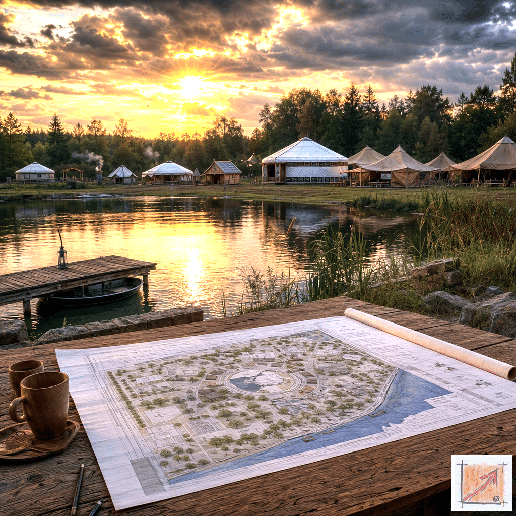 Fotorealistische Naturaufnahme des Weltdorfs Seepark Pfullendorf am Ufer des Sees mit ersten aufgebauten Jurten und Handwerkerhütten unter einem dramatischen Abendhimmel, die das unerschütterliche ethische Fundament dieses bürgernahen Zukunftsprojekts dokumentiert.
Bild: Das Anschauungsbild wurde mit der KI gefertigt.