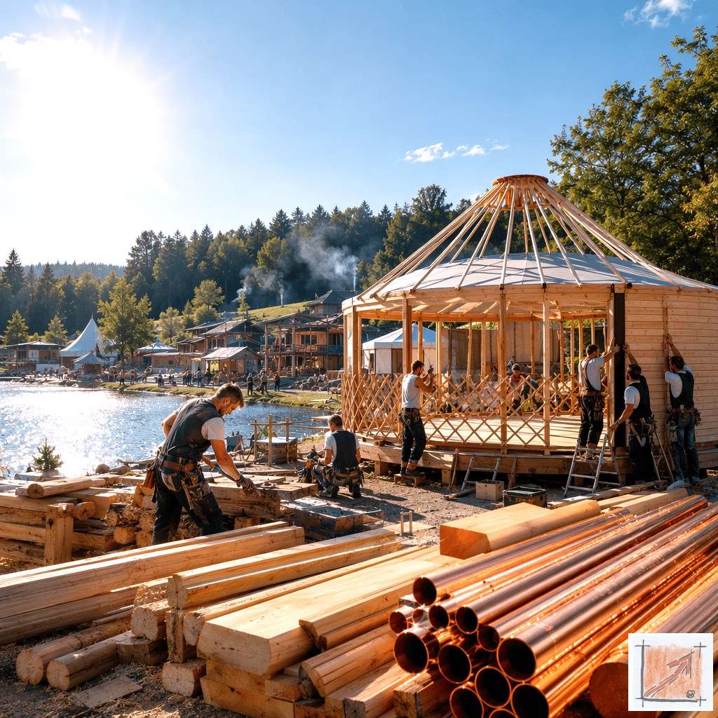 Fotorealistische Dokumentation der wirtschaftlichen Wertschöpfung im Weltdorf Seepark Pfullendorf, die das gemeinschaftliche Zusammenwirken von regionalem Handwerk und lokaler Industrie beim Aufbau der autarken Modulanlagen am Seeufer zeigt.
Bild: Das Anschauungsbild wurde mit der KI gefertigt.