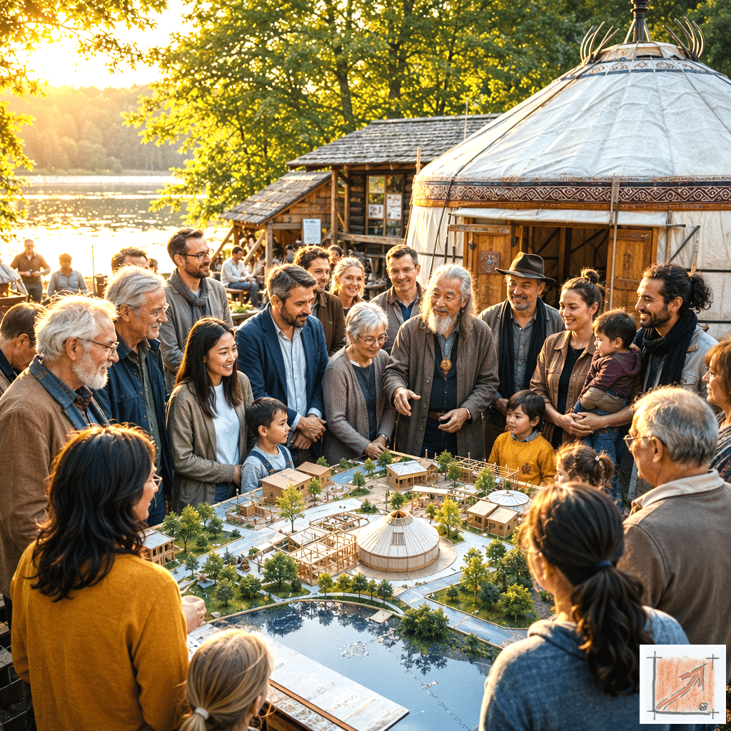 Fotorealistische Naturaufnahme der sozialen Gemeinschaft im Weltdorf Seepark Pfullendorf, die den harmonischen und generationsübergreifenden Zusammenschluss verschiedenster Gesellschaftsschichten und Rentner am Seeufer dokumentiert.
Bild: Das Anschauungsbild wurde mit der KI gefertigt.