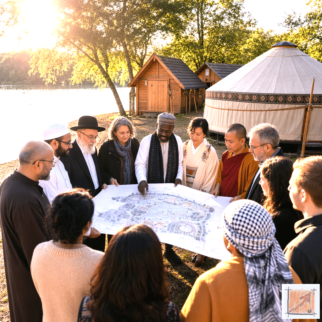 Fotorealistische Darstellung des friedlichen und respektvollen Zusammenkommens verschiedener Kulturen und Religionen im Weltdorf Seepark Pfullendorf, die das ethische Fundament einer geeinten Bürgergesellschaft am Seeufer dokumentiert.
Bild: Das Anschauungsbild wurde mit der KI gefertigt.
