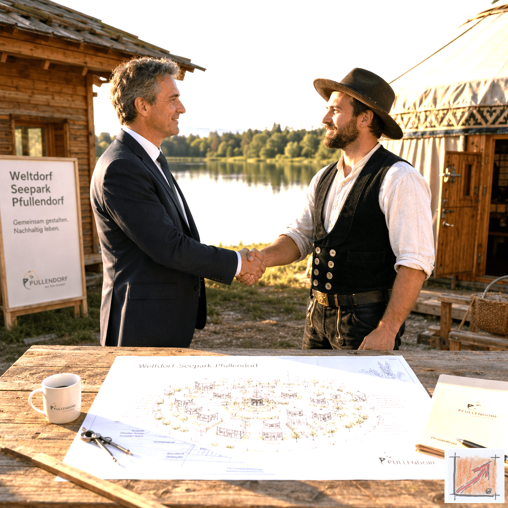 Fotorealistische Naturaufnahme einer respektvollen Begegnung zwischen der Stadtverwaltung und der Bürgergesellschaft im Weltdorf Seepark Pfullendorf, die das gemeinsame moralische und kaufmännische Fundament am Seeufer dokumentiert.
Bild: Das Anschauungsbild wurde mit der KI gefertigt.