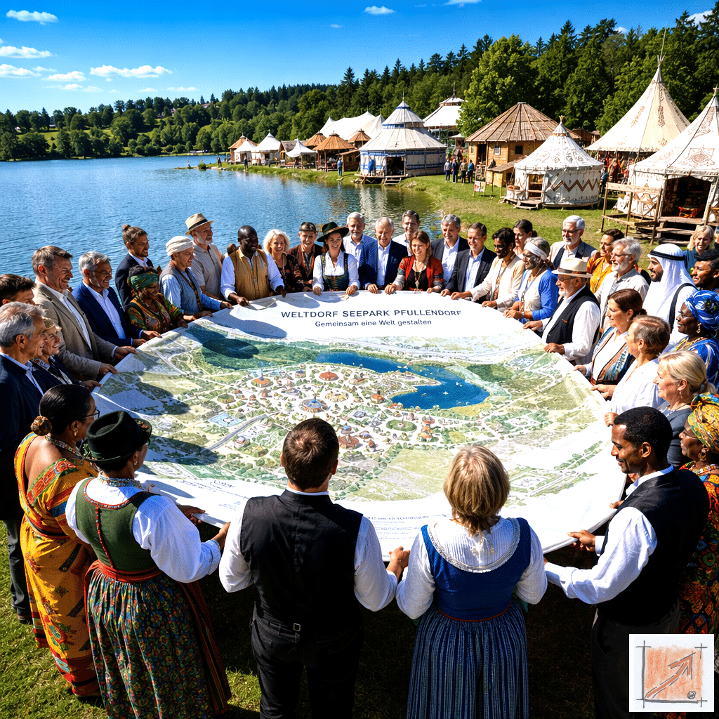 Fotorealistische Dokumentation der vollkommenen Integrität im Weltdorf Seepark Pfullendorf, die den unzertrennlichen Schulterschluss zwischen der Stadtverwaltung, der einheimischen Bevölkerung und Bürgern verschiedenster Nationen am Seeufer zeigt.
Bild: Das Anschauungsbild wurde mit der KI gefertigt.