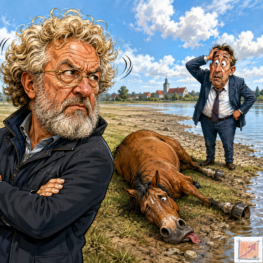Satirische Comic-Karikatur am Pfullendorfer Seeufer mit dem Bausachverständigen Wilfried Berger, die das kaufmännische Versagen und den Substanzverzehr der tatenlosen Laienverwaltung am Gleichnis eines kollabierten Pferdes demaskiert.Bild: Das Anschauungsbild wurde mit der KI gefertigt.