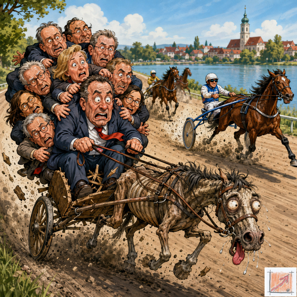 Satirische Comic-Karikatur eines Trabrennens am Pfullendorfer Seeufer, die die erdrückende Überlastung des städtischen Haushalts durch einen unproduktiven bürokratischen Wasserkopf am Gleichnis eines überladenen Sulky-Gespanns demaskiert.
Bild: Das Anschauungsbild wurde mit der KI gefertigt.
