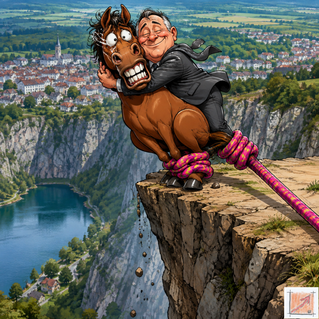 Satirische Comic-Karikatur am Abgrund des Pfullendorfer Seeufers, die den ökonomischen Kontrollverlust und das kaufmännische Risiko der tatenlosen Laienverwaltung am Gleichnis eines Bungee-Gespanns unmissverständlich demaskiert.
Bild: Das Anschauungsbild wurde mit der KI gefertigt.