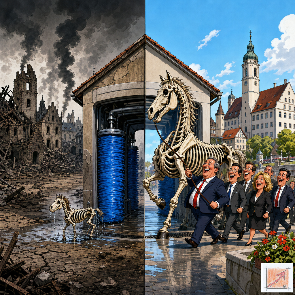 Satirische Comic-Karikatur einer bürokratischen Pferdewaschanlage des Landratsamtes Sigmaringen, die die Schrumpfung des kommunalen Vermögens und die Zerstörung der städtischen Substanz durch die Laienpolitik im Vorher-Nachher-Vergleich demaskiert.
Bild: Das Anschauungsbild wurde mit der KI gefertigt.