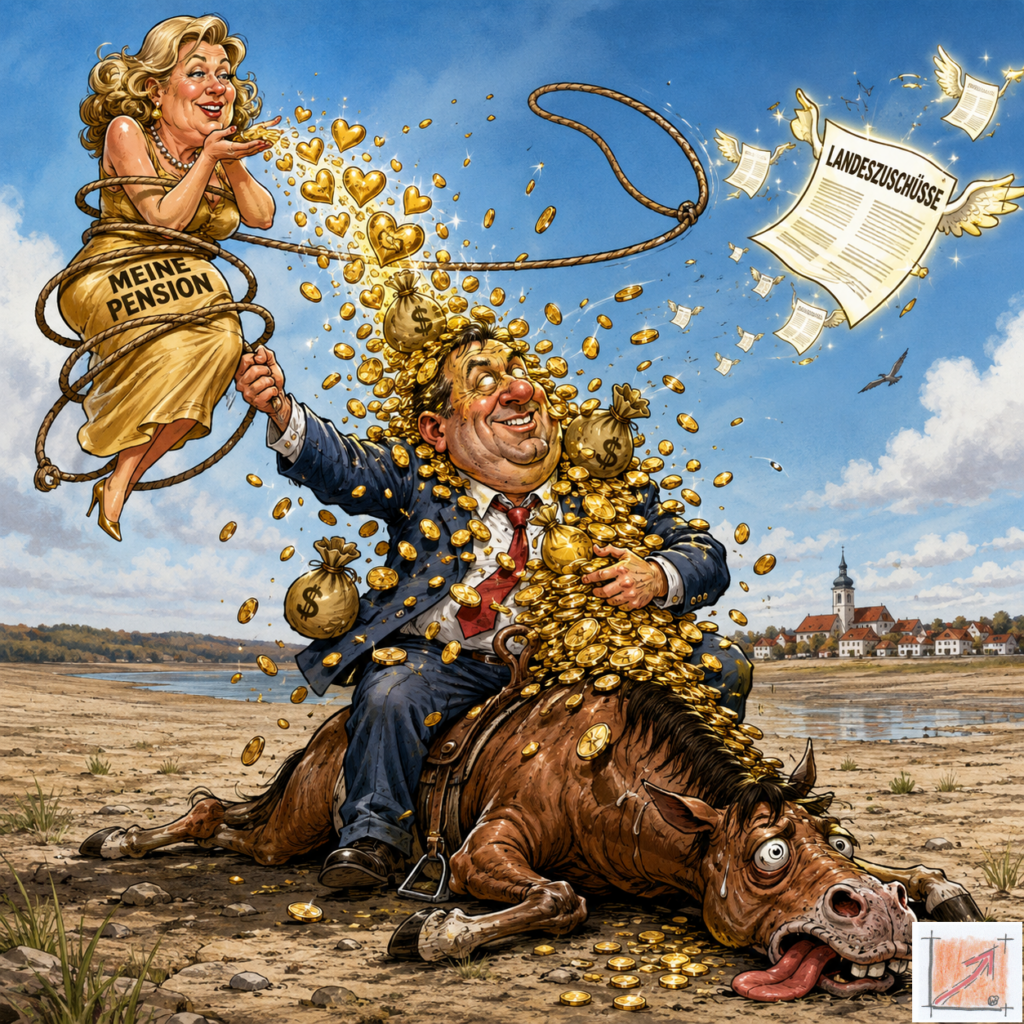 Satirische Comic-Karikatur am Pfullendorfer Seeufer, die das eklatante Missverhältnis zwischen dem öffentlichen Haushaltskollaps und der unerschütterlichen persönlichen Absicherung der Amtsleitung im Gleichnis eines verfehlten Lasso-Wurfs demaskiert.
Bild: Das Anschauungsbild wurde mit der KI gefertigt.