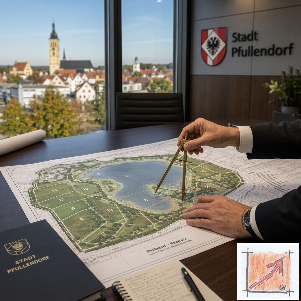Fotorealistisches Kombi-Realbild des BauFachForums im Pfullendorfer Rathaus, dargestellt als aufgeschlagener Parzellierungsplan des Seeparks auf dem Konferenzuntergrund mit einem präzisen Messzirkel des Handwerks vor der Kulisse der Altstadt, das die unbestechliche, rechtliche und grundbuchrechtliche Atomarisierung der Gesamtfläche dokumentiert. Bild: Das Anschauungsbild wurde mit der KI gefertigt.