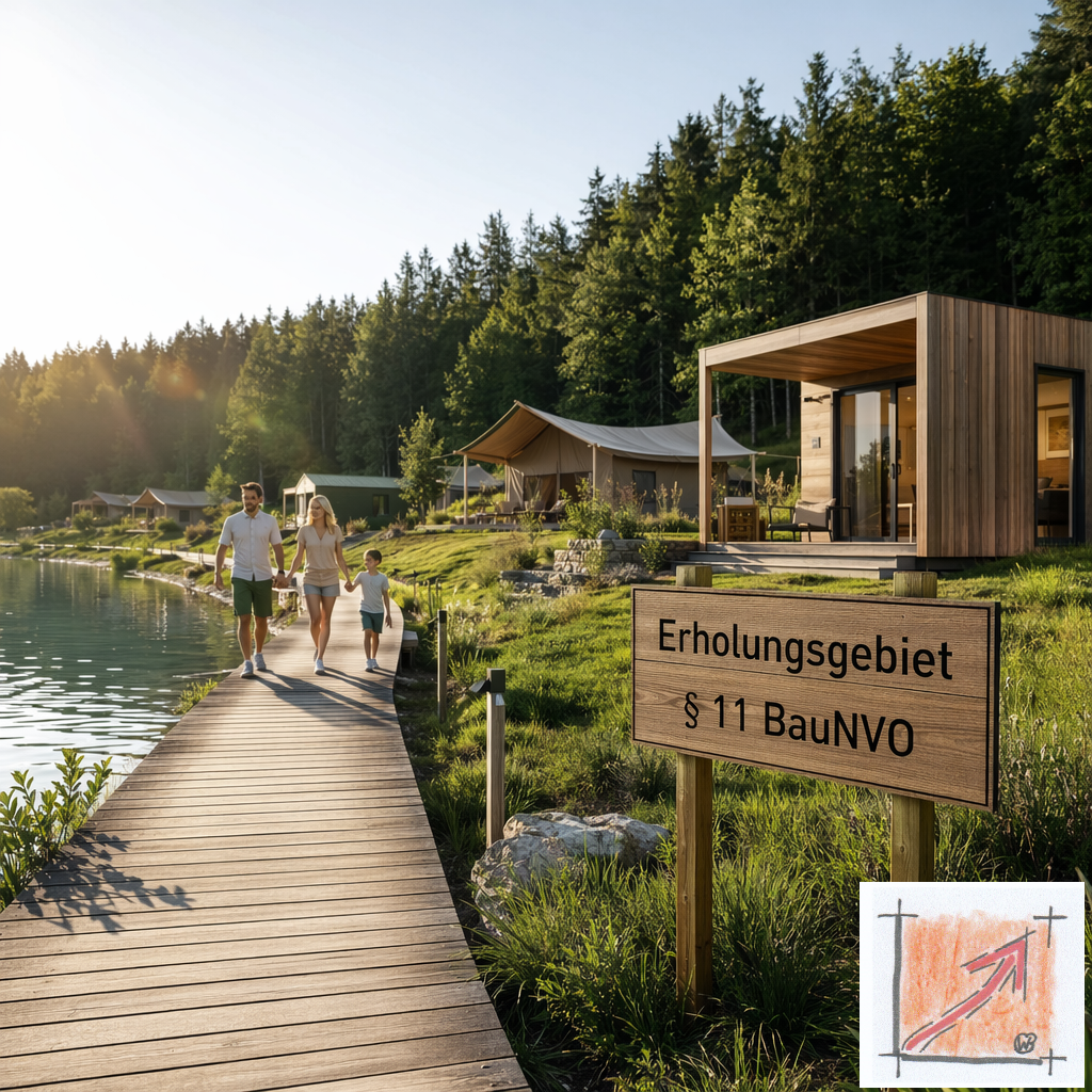 Fotorealistische Naturaufnahme am Pfullendorfer Seeufer mit dezentralen Modulhäusern und Jurten des Weltdorfs, im Vordergrund ein massives Holzschild mit der gesetzlich verankerten Aufschrift Erholungsgebiet § 11 BauNVO, das die unblockierbare baurechtliche Privilegierung des Bürgerprojekts beweist. Bild: Das Anschauungsbild wurde mit der KI gefertigt.