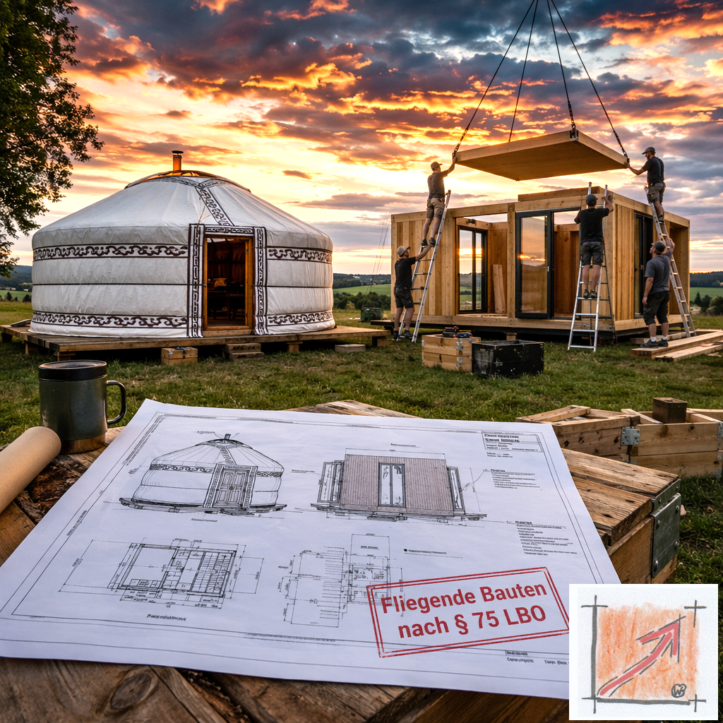 Fotorealistische Dokumentation des handwerklichen Aufbaus im Weltdorf Seepark Pfullendorf, dargestellt als Zimmerer, die ein modulares Holzgebäude neben einer traditionellen Jurte errichten, im Vordergrund ein Bauplan mit dem roten Prüfstempel Fliegende Bauten nach Paragraf 75 LBO. Bild: Das Anschauungsbild wurde mit der KI gefertigt.