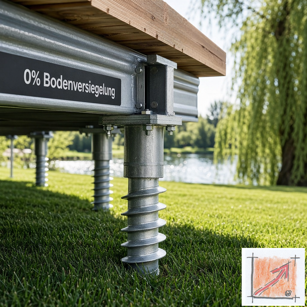 Fotorealistische bautechnische Detailaufnahme eines feuerverzinkten Schraubfundaments im grünen Rasen am Pfullendorfer Seeufer, das eine Holzterrasse des Weltdorfs trägt, mit der deutlichen Kennzeichnung Null Prozent Bodenversiegelung für maximalen Naturschutz. Bild: Das Anschauungsbild wurde mit der KI gefertigt.
