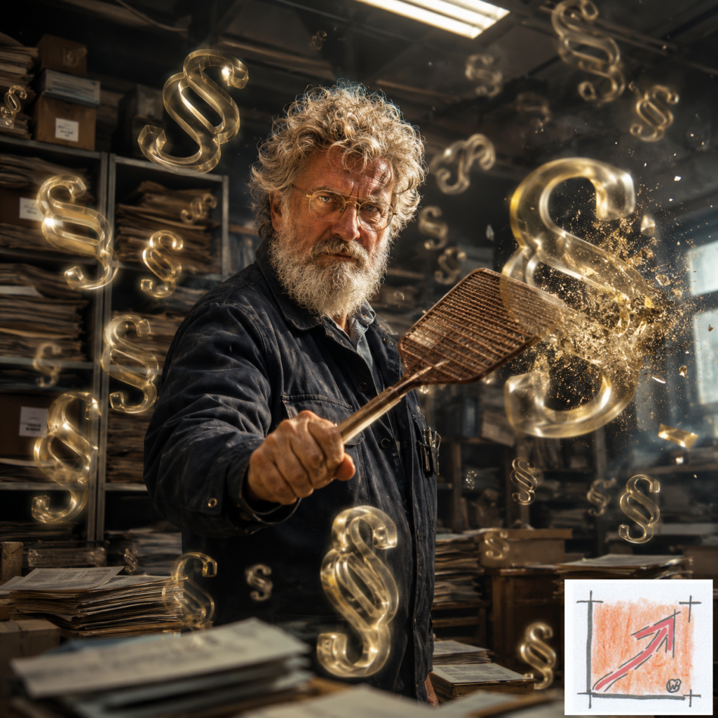 Fotorealistische Satire-Illustration des Bausachverständigen Wilfried Berger, der im bürokratischen Paragraphen-Dschungel der Laienverwaltung die lähmenden Blockaden symbolisch mit einer Fliegenklatsche zerschlägt, um den Weg für das Weltdorf Seepark Pfullendorf baurechtlich freizumachen. Bild: Das Anschauungsbild wurde mit der KI gefertigt.