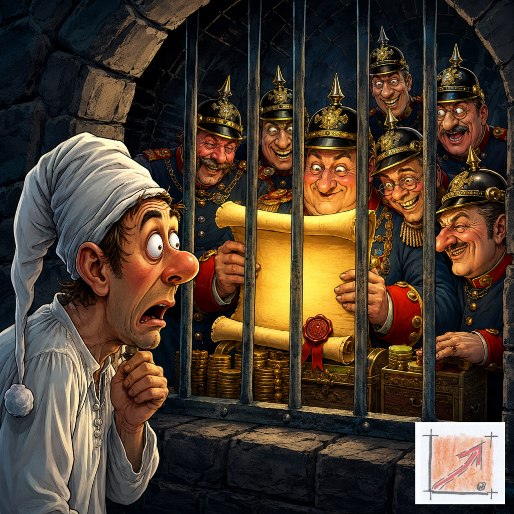 Satirische Comic-Karikatur des verdeckten Vergabemanövers am Pfullendorfer Seepark, die das Versteckspiel der Stadträte hinter den Mauern der Nichtöffentlichkeit am Gleichnis einer wehrhaften Burgfestung demaskiert.
Bild: Das Anschauungsbild wurde mit der KI gefertigt.